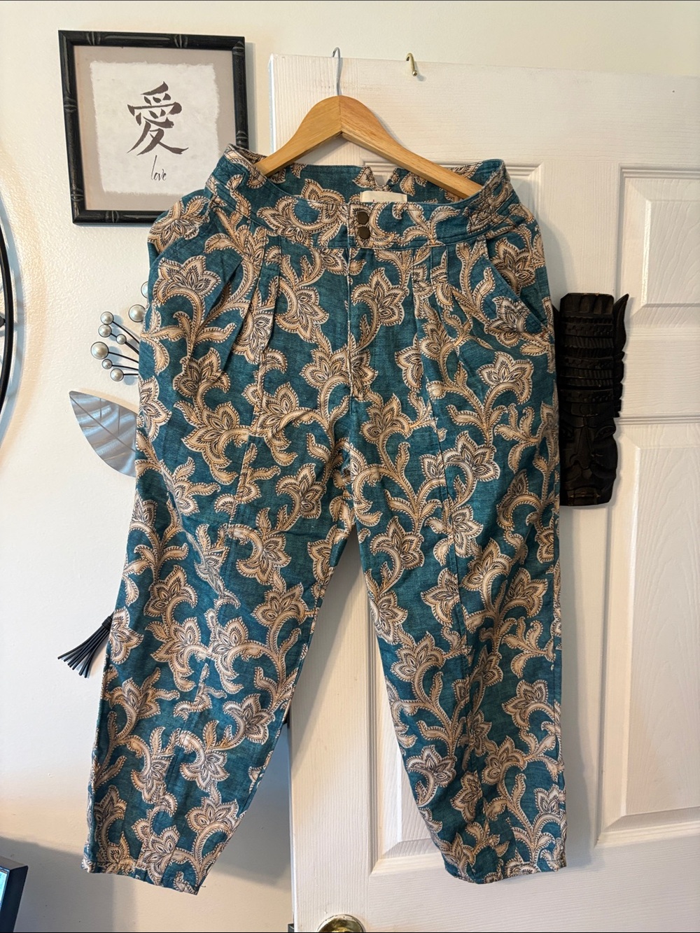 Anthropologie Teal Paisley Shell with Beige Accents